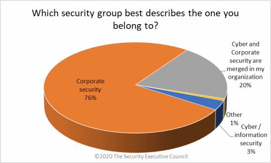 chart showing 76% corporate security, 20% corporate and cyber security merged, 3% cyber security